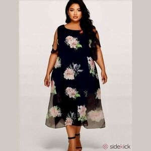 AVENUE PLUS SIZE 14 16 MAXI DRESS BLACK FLORAL SHEER OPEN‎ SHOULDERS NWT